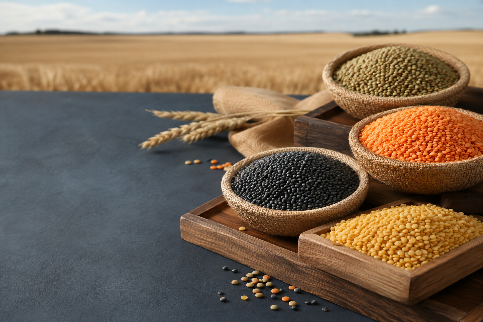 Assorted lentil varieties arranged beside a Canadian prairie field
